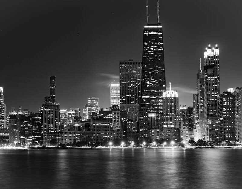 City Architecture - Dramatic black and white view of Chicago skyline #14635963